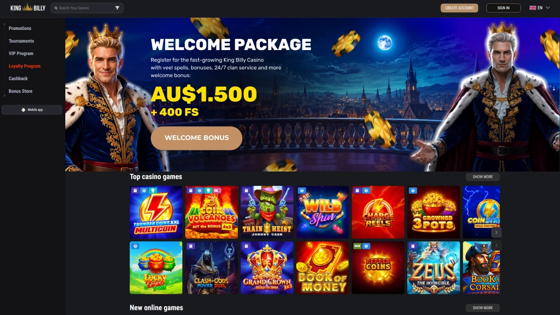 King Billy casino games and welcome bonus